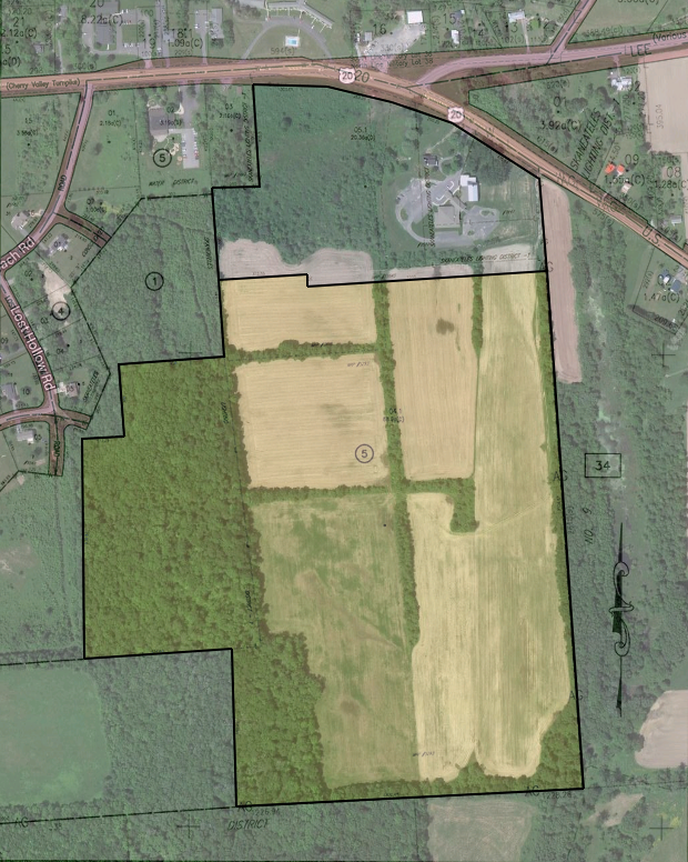 Tax map of Dunning tract overlaid onto a satelite image of the area