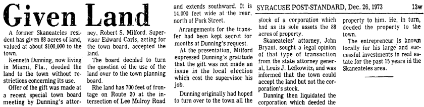 Syracuse Post-Standard 26 Dec 1973 Dunning Land